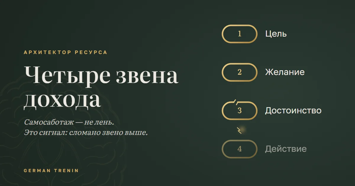 Четыре звена: цель, желание, достоинство и действие; цепь разорвана между третьим и четвёртым